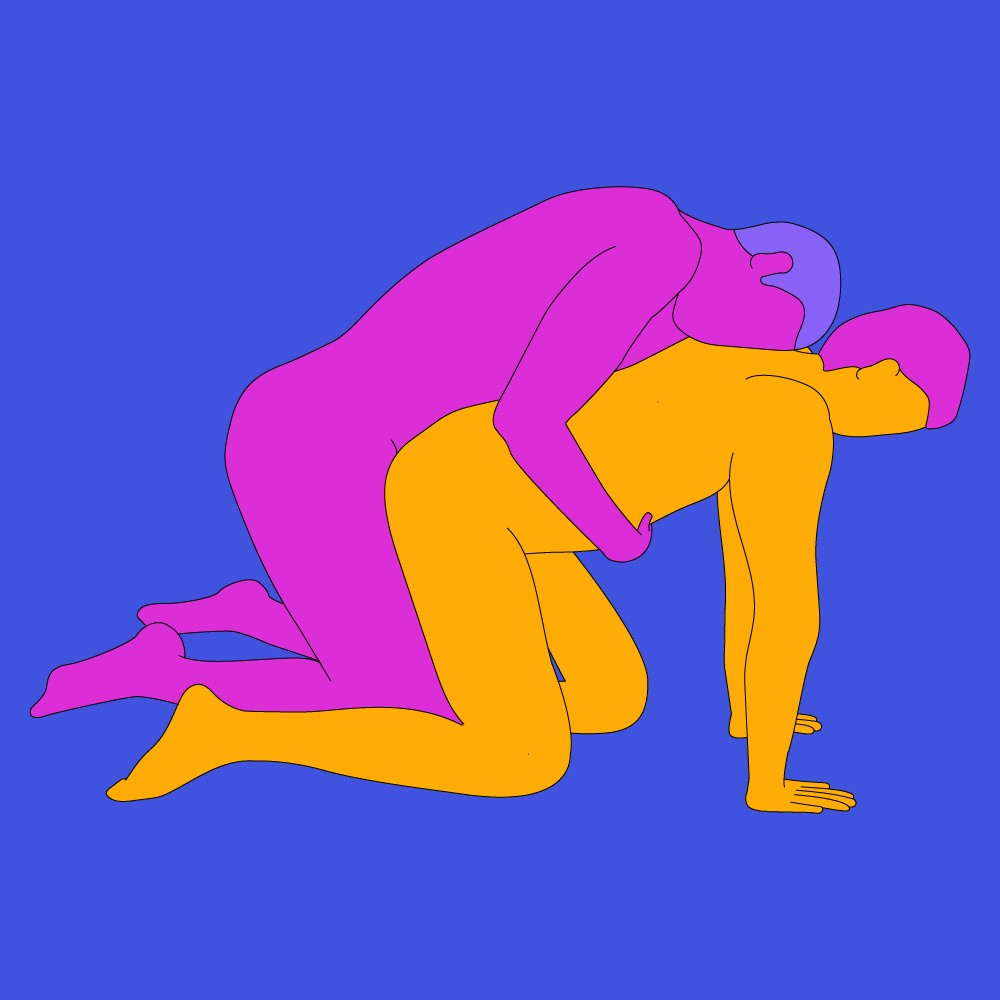 A naked illustrated couple in a kneeling position.